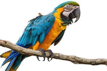 Fototapeta premium Hyperrealistic depiction of a blue and gold macaw perched gracefully on an invisible surface, ideal for wildlife enthusiasts, artists, and nature-themed projects.