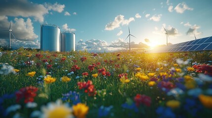 Obraz premium Hydrogen Storage for Clean Energy with Wind Turbines and Solar Panels in a Sustainable Facility