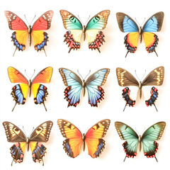 collection of various butterflies isolated on white background