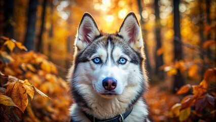 Obraz premium Adorable One-Year-Old Siberian Husky Dog with Blue Eyes Posing in Autumn Forest, Captivating Close-Up Portrait with Rustic Countryside Backdrop and Copy Space for Text