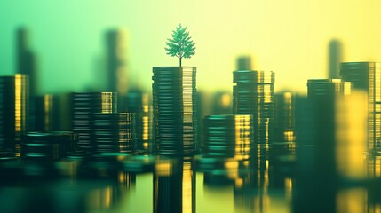 An upward trend of stacked coins, each crowned with a plant, symbolizing financial growth and sustainability.