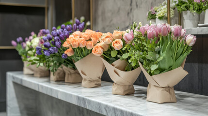 Elegant floral bouquets display on marble counter in chic boutique