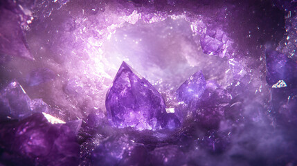 A purple crystal cave filled with glowing gemstones, surrounded by ethereal light and mist.