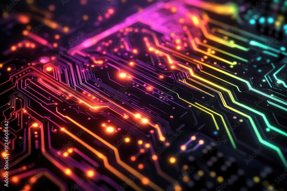 Aufkleber Vibrant Abstract Circuit Board Design with Neon Lines and Glowing Nodes in Digital Art Style