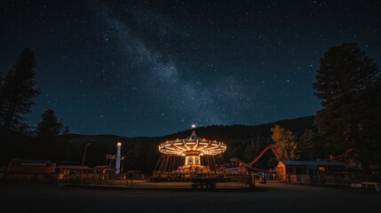 Fototapeta premium Illuminated Carousel Under the Starry Night Sky in the Wilderness