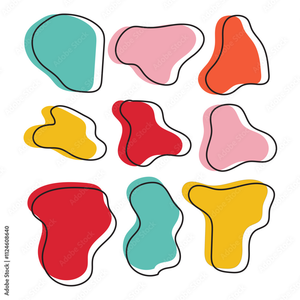 Poster a set of twelve colorful abstract blobs with black outlines, perfect for adding a playful touch to d