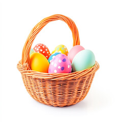 colorful Easter eggs with wicker basket Isolated on white background