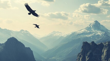 Two eagles soar over majestic snow-capped mountains.