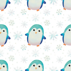 Cute sky blue penguin and snowflake seamless pattern