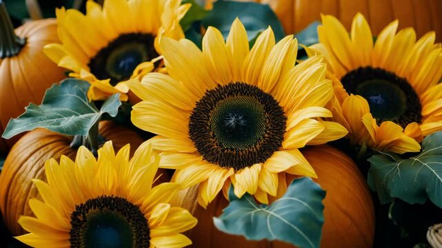 Bright sunflowers and pumpkins create a vibrant autumn display at a farmer's market