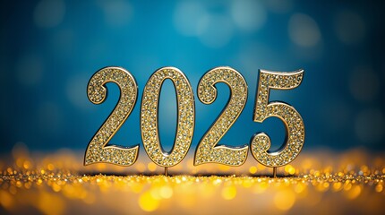Złote cyfry 2025 z błyszczącą teksturą na świątecznym tle niebieskich świateł bokeh i połyskującego złota.
