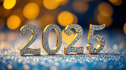 Srebrne, błyszczące cyfry 2025 na błyszczącej powierzchni, otoczone świątecznymi niebieskimi światłami bokeh tworzącymi świąteczną atmosferę.