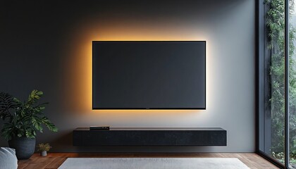 Modern Wall-Mounted LED TV in Minimalistic Scandinavian Living Room with Soft Ambient Lighting