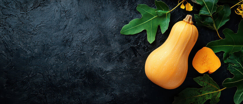 A vibrant butternut squash rests on a dark surface, surrounded by green leaves and a few small pieces of orange, highlighting its natural beauty.