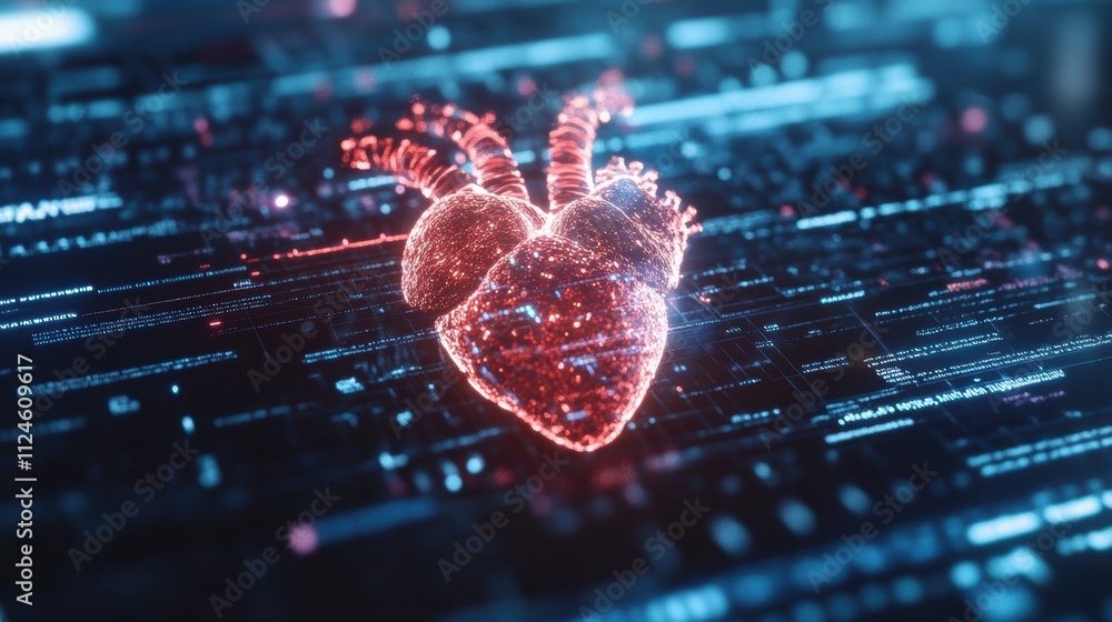 Poster a glowing, digital heart representation surrounded by high-tech data streams, symbolizing futuristic
