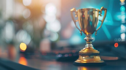 A shiny golden trophy placed on a desk, symbolizing achievement and success, with a blurred background of a modern workspace.