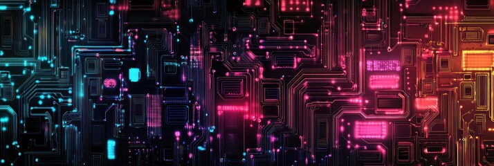 Abstract Circuit Board Design with Vibrant Neon Colors and Intricate Patterns