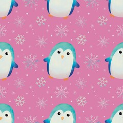 Cute sky blue penguin and snowflake seamless pattern with a pink background