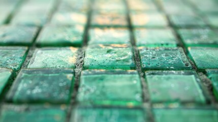 A close-up view of textured green glass tiles, showcasing intricate details and reflective patterns with a glossy surface.