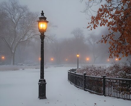 Old glowing lamp post on winter village street in falling snow
