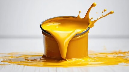 Yellow Paint Splash from Open Bucket on Isolated White Background