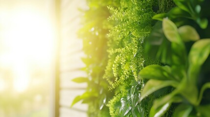 Fototapeta premium Bright sunlight illuminating a lush green vertical garden with fresh ferns and foliage, creating a natural and serene ambiance.