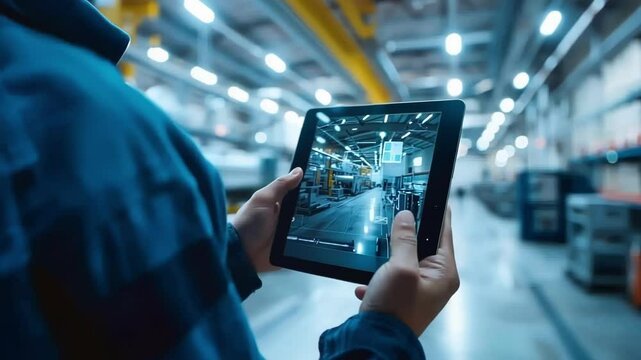 Supervisor using a tablet with augmented reality software is monitoring and controlling the production line in a smart factory