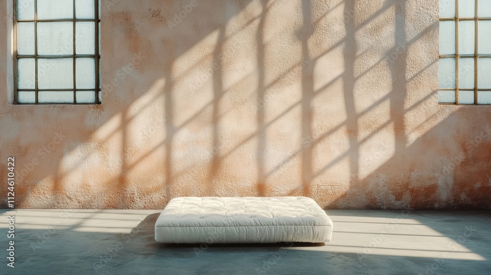 Poster a minimalist room featuring a tufted mattress on the floor with light streaming through grid windows