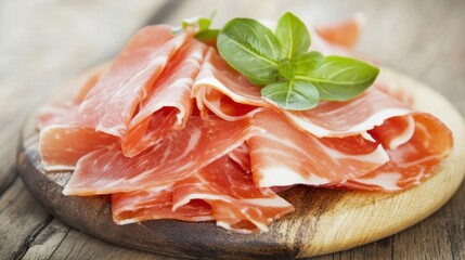 Close-up of thinly sliced prosciutto on a wooden board, garnished with fresh green basil leaves, highlighting gourmet cuisine.
