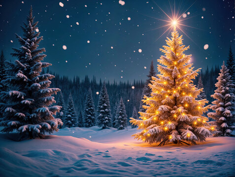 Winter and christmas tree themes, Christmas and winter holiday marketing background, christmas ornaments and presents, snowy scene - Powered by Adobe