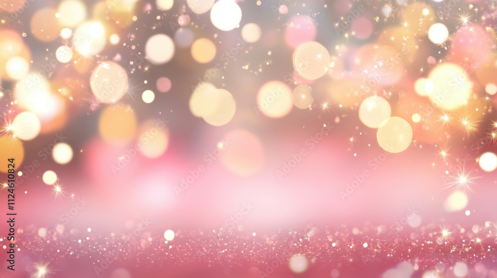 Poster a dreamy abstract image featuring golden and pink bokeh lights with soft, blurred sparkles, creating