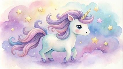 Fototapeta premium Adorable Watercolor Baby Unicorn with Purple Mane for Kids' Room Decor and Greeting Cards, Perfect for Baby Showers and Children's Art Prints