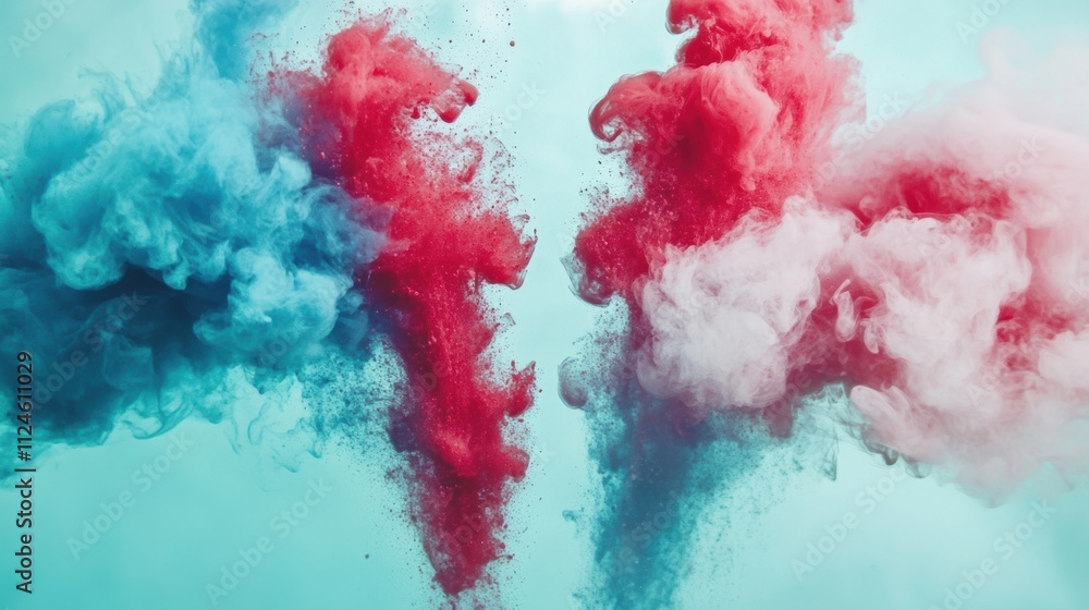 Poster vivid red and blue ink clouds merge and swirl underwater, creating a striking and artistic visual co