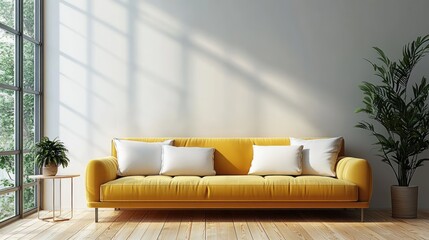 Minimalist Scandinavian Living Room with Bright Yellow Sofa and Simple Decor