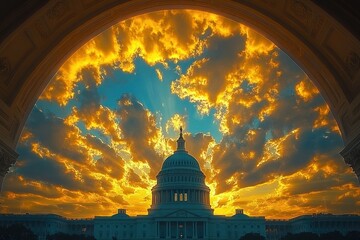 Fototapeta premium Majestic Capitol Building at Sunset in Washington DC with Golden Dome and Dramatic Clouds
