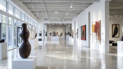 Modern art gallery interior with sculptures and paintings on display.