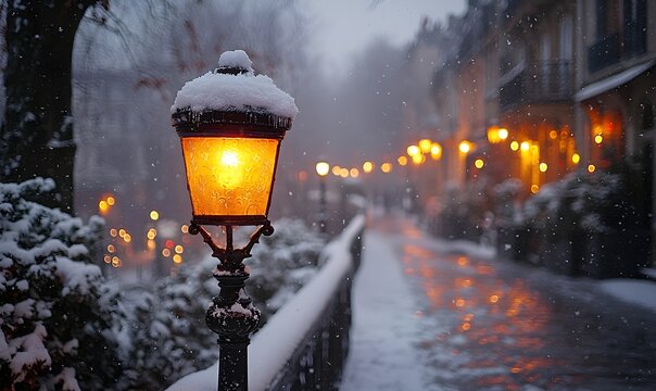 A lamp post stands in the center foreground of a snowy winter