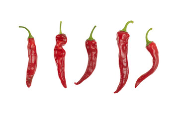 Red hot chili peppers of different shapes on a white background