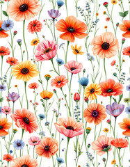 Watercolor seamless floral background. Colorful field flowers on white. Hand drawn pattern, 