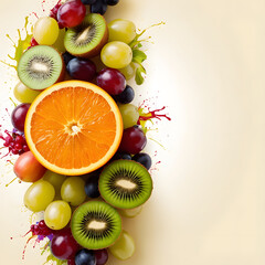 A colorful arrangement of fresh fruits, including oranges, kiwis, grapes, and apples, with vibrant juice splashes on a light beige background.