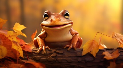Portrait of happy frog rejoices in autumn.