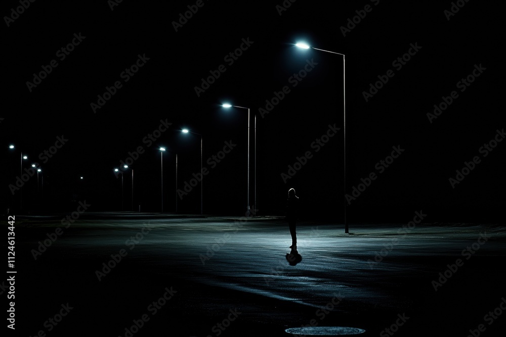 Aufkleber a solitary figure navigates an empty street at night, illuminated by streetlights, with a blank spac