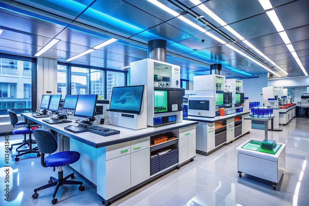 Poster advanced automated microarray processing in a high-tech genomic research lab showcasing cutting-edge