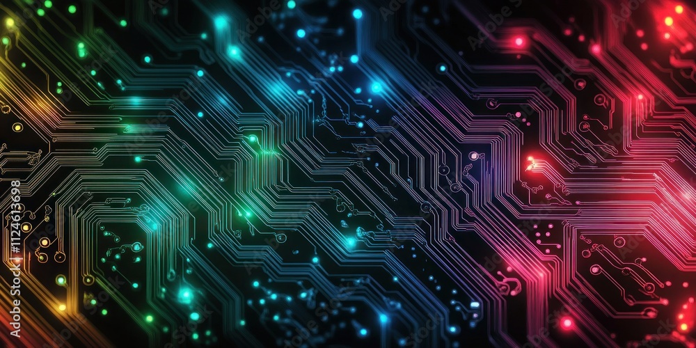 Poster abstract circuit board pattern with colorful lines and neon glow