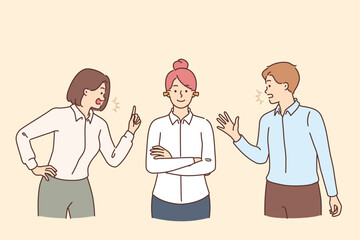 Fototapeta premium Woman refuses to listen to colleagues expressing critical opinions that cause decrease in motivation