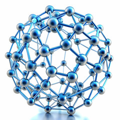 Fototapeta premium Blue molecule structure sphere 3D rendering. Complex atomic grid with shiny spheres and connecting bonds. Scientific concept for chemistry, biology, and medicine.