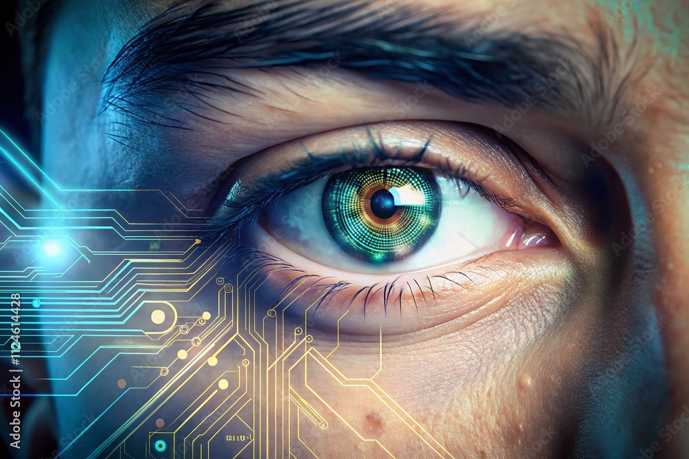Poster advanced retinal biometrics technology showcasing a man's eye in a digital remix style with futurist