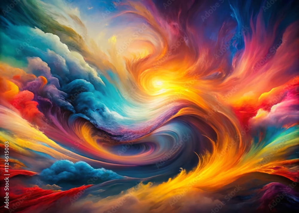 Poster a dynamic flow of colorful swirls and twirls in a panoramic view, capturing the essence of fluid mot