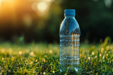 Plastic water bottle is standing on grass with a blurred background and sunlight. Concept of hydration and nature. For promoting eco-awareness.