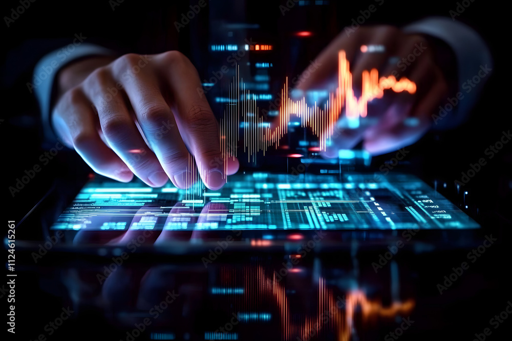 Poster hands interacting with a digital tablet displaying a stock market interface, highlighting technology